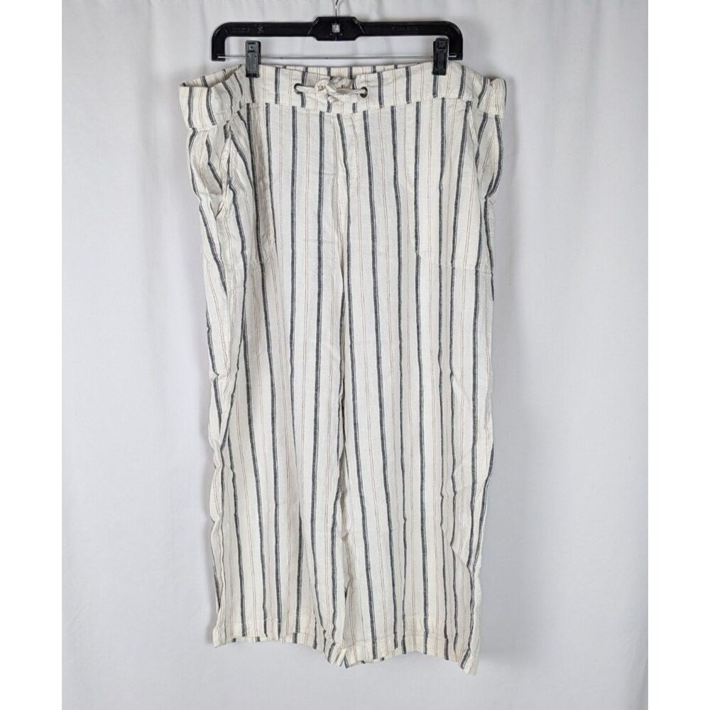 Naturals d&co Linen Flax Striped Wide Leg Drawstring Cropped Pants Cream 1X Boho